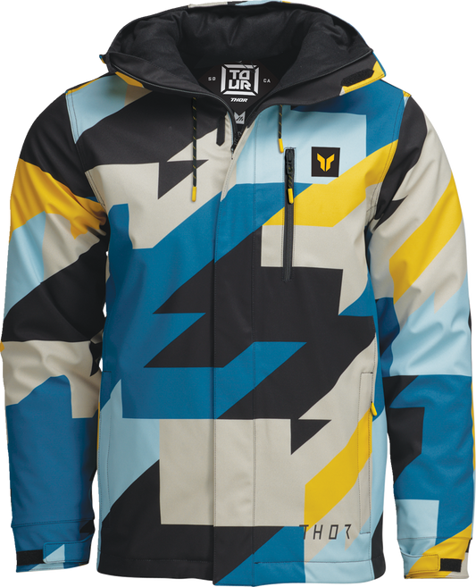 THOR Brave Tour motorcycle jacket in blue and yellow, small size, featuring protective gear and streetwear style.