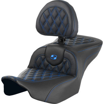 Bill's Exhausts SADDLEMEN RoadSofa™ motorcycle seat with backrest, blue lattice stitch for FLTR/FLHX 2023-2024 models.