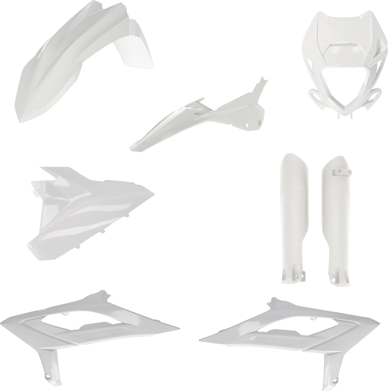 White Acerbis full replacement body kit for motorcycles, featuring sleek design and durable construction, shown on a clean background.