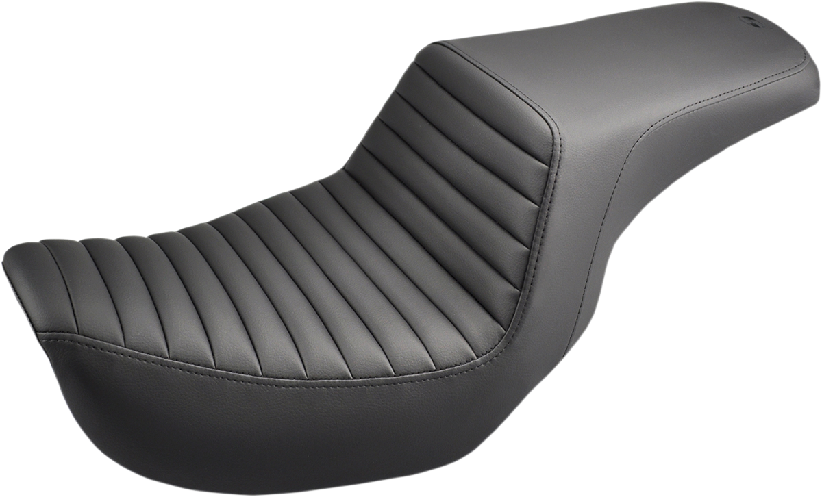 Black SADDLEMEN Step-Up Front Tuck-n-Roll motorcycle seat for Dyna bikes, featuring sleek design and comfortable padding.