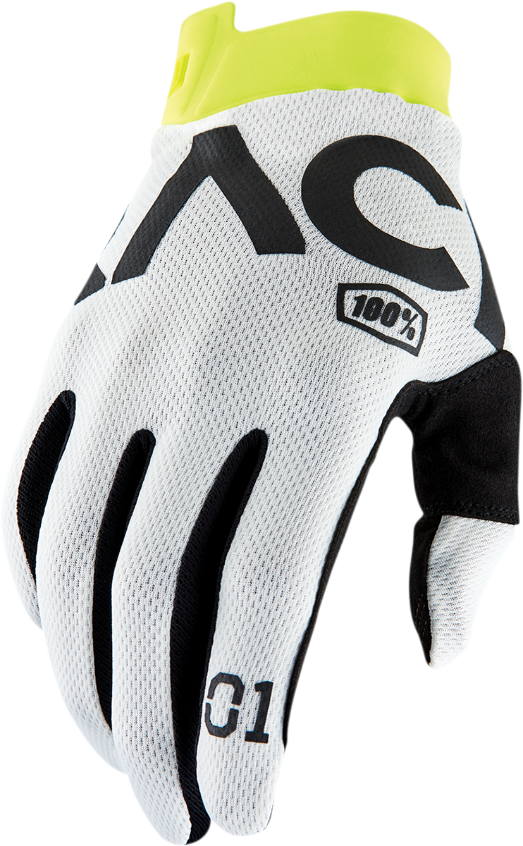White Bill's Exhausts 100% Racr iTrack gloves in XL size with textured grip details and snug fit for motorcycling or racing.
