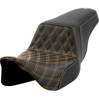 Front saddle seat with lattice and gold stitching for FLH/FLT models, featuring step-up design by SADDLEMEN for Harley Davidson.