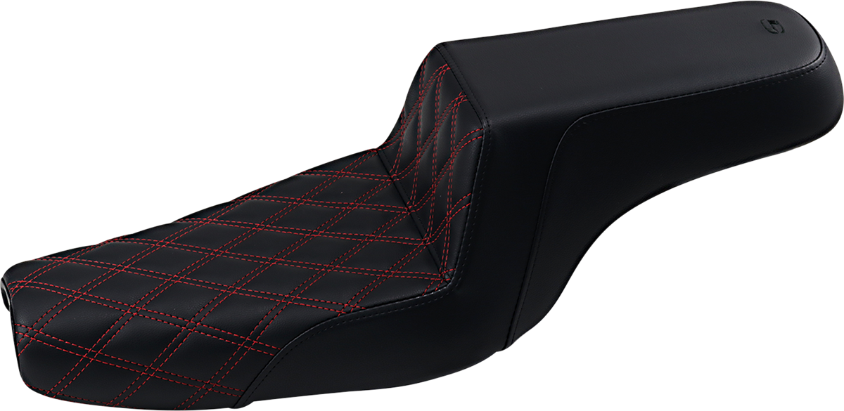 Black SADDLEMEN Step-Up Seat with red stitching and front lattice stitch, designed for XL motorcycles.