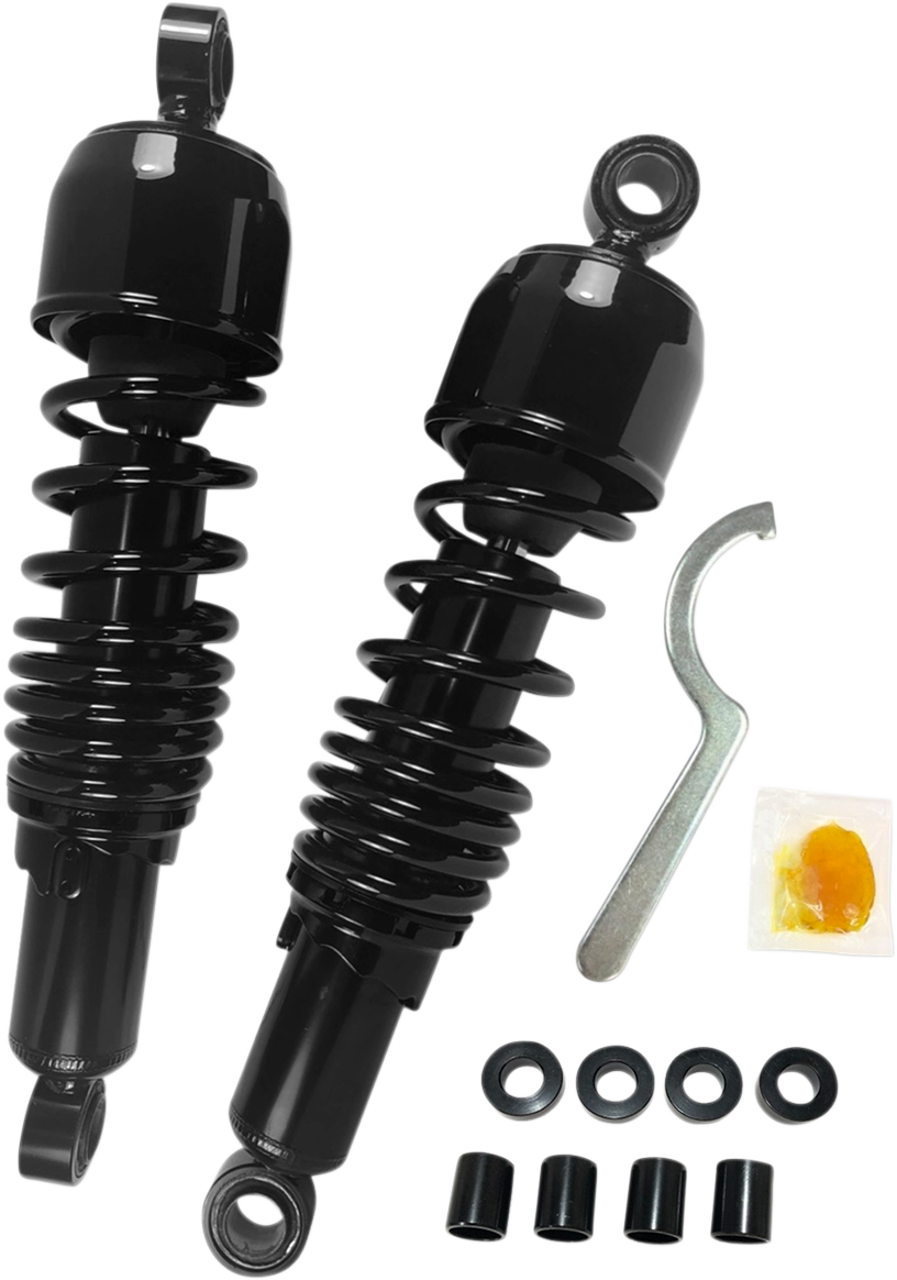 Black Drag Specialties shocks, 12.5-inch replacement shock absorbers, showing the assembled shock absorber with mounting hardware