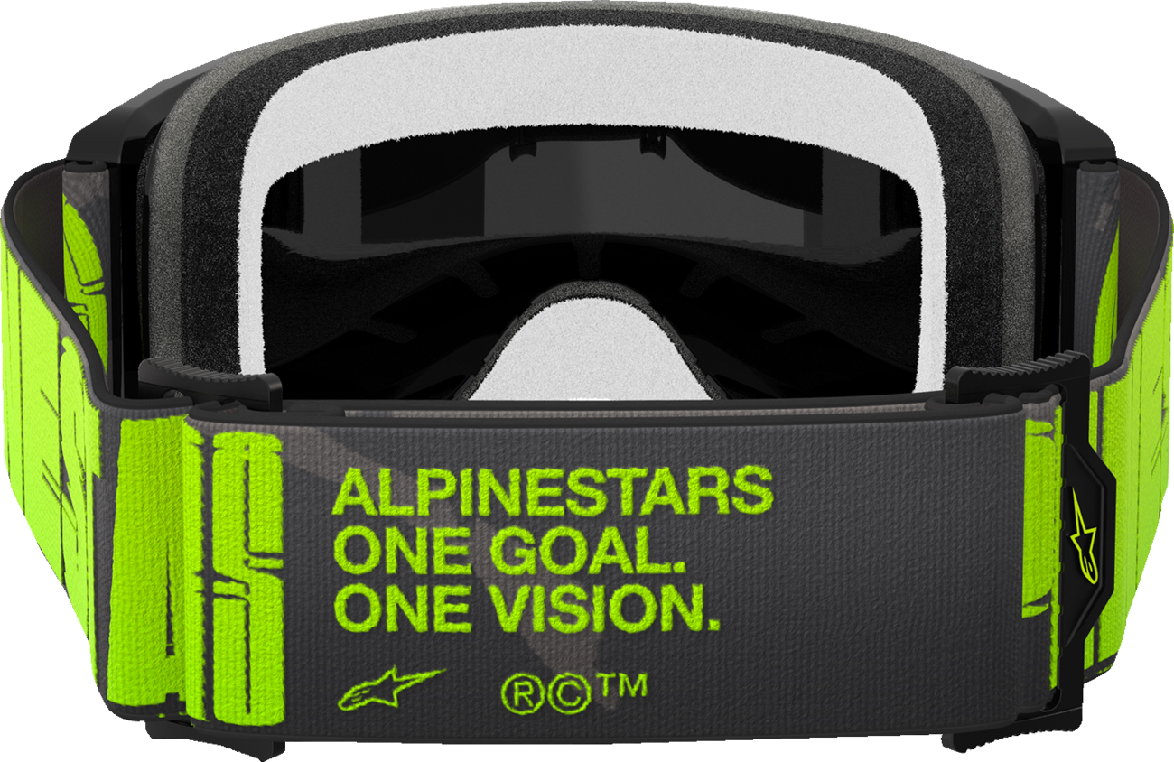 Alpinestars GOGGLES Vision 5 Hollow Charcoal and Yellow Fluo with Silver Mirror Lens, featuring a sleek design and adjustable strap.