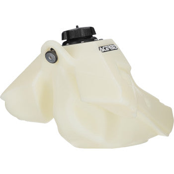 Natural-colored Acerbis 2.9-gallon fuel tank for Kawasaki KX 450/250 2024-2025 motorcycle, mounted on body with visible cap and design.