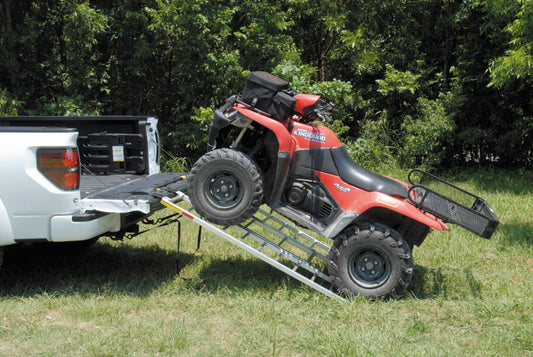 QuadBoss Trifold ATV ramp made of durable aluminum, 50x72 inches with 1,500 lbs. capacity, shown folded and extended for loading.