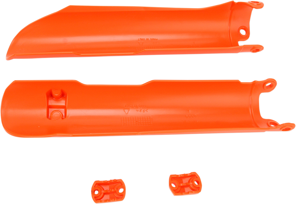 A close-up of ACERBIS KTM orange lower fork covers for inverted forks, designed for off-road motorcycle suspension protection.