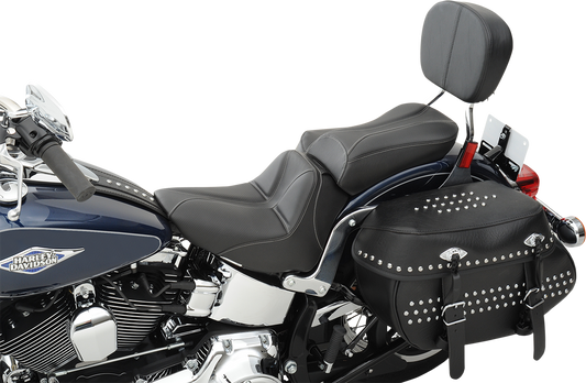 Black Saddlemens Dominator Pillion Pad with gray stitching for standard reach, designed for motorcycle seats.