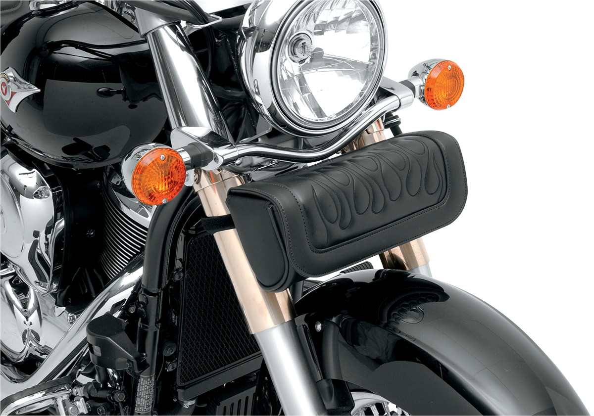 Bill's Exhausts Saddlemens Tool Pouch in black with flame design, designed for motorcycle seats and accessories.