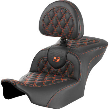 Bill's Exhausts SADDLEMEN RoadSofa™ motorcycle seat with backrest, orange lattice stitch for FLTR/FLHX 2023-2024 models