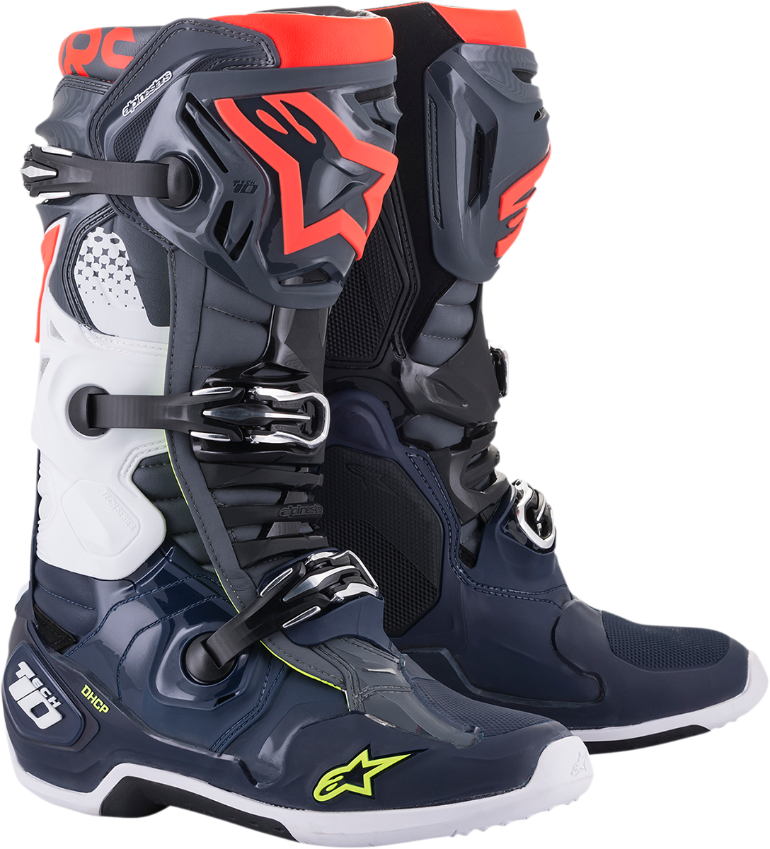 Alpinestars Tech 10 motocross boots in dark gray, dark blue, and red with US 13 size, showcasing durable riding footwear.
