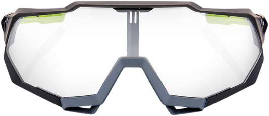 Bill's Exhausts 100% Speedtrap sunglasses in gray with photochromic lenses, showcasing sleek sporty eyewear design.