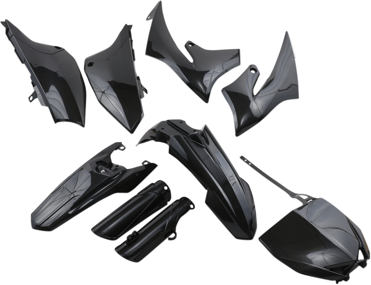 Acerbis black full replacement body kit for motorcycles, showing streamlined body panels and design details.