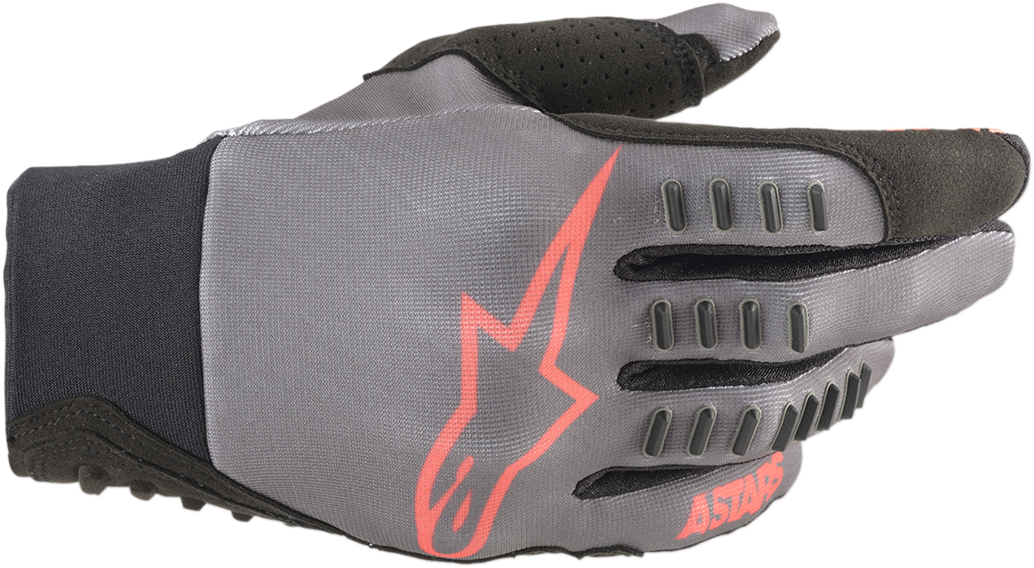 Alpinestars SMX-E motorcycle gloves in gray and red, small size, showing reinforced knuckles and breathable fabric.