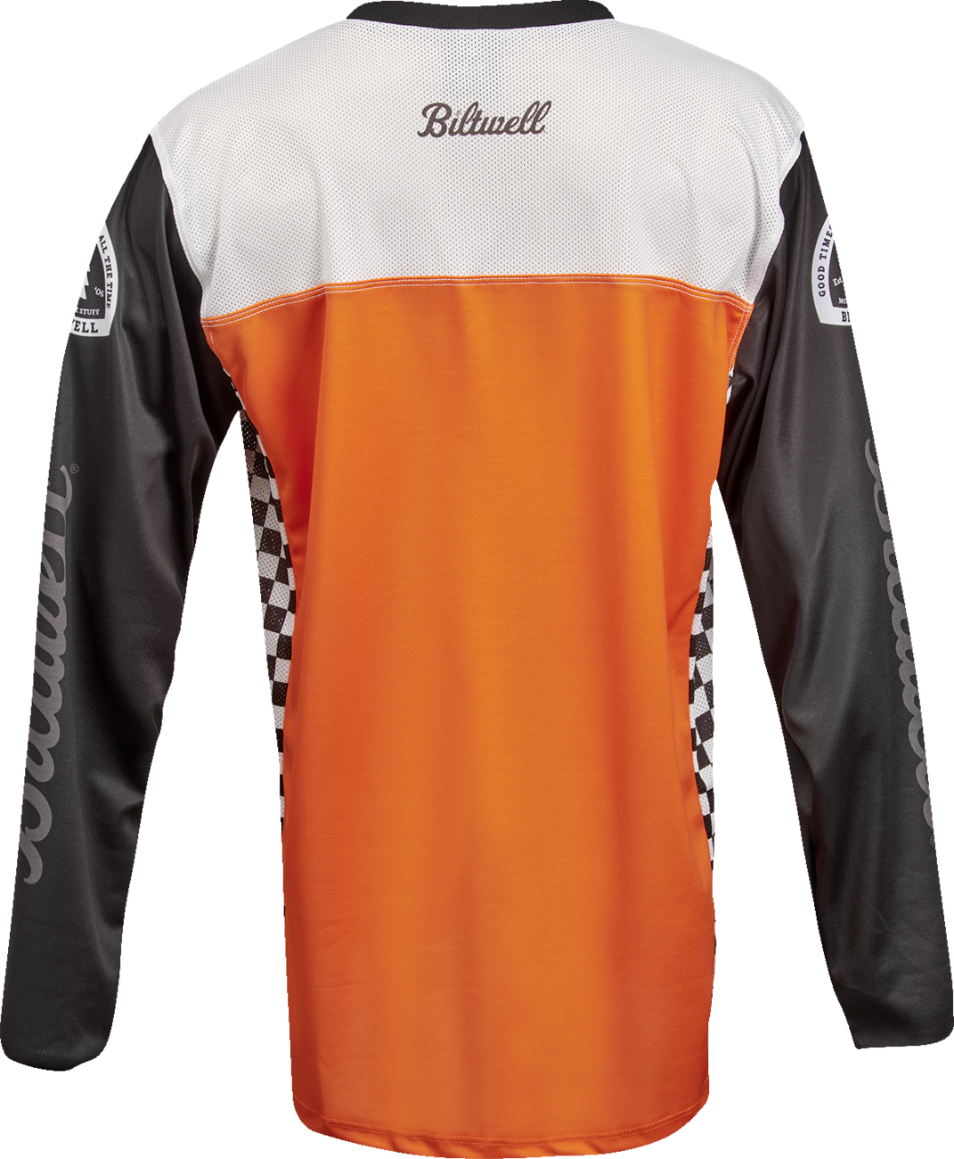 Orange and black BILTWELL Good Times jersey T-shirt by Bill's Exhausts, small size, with bold graphic design.
