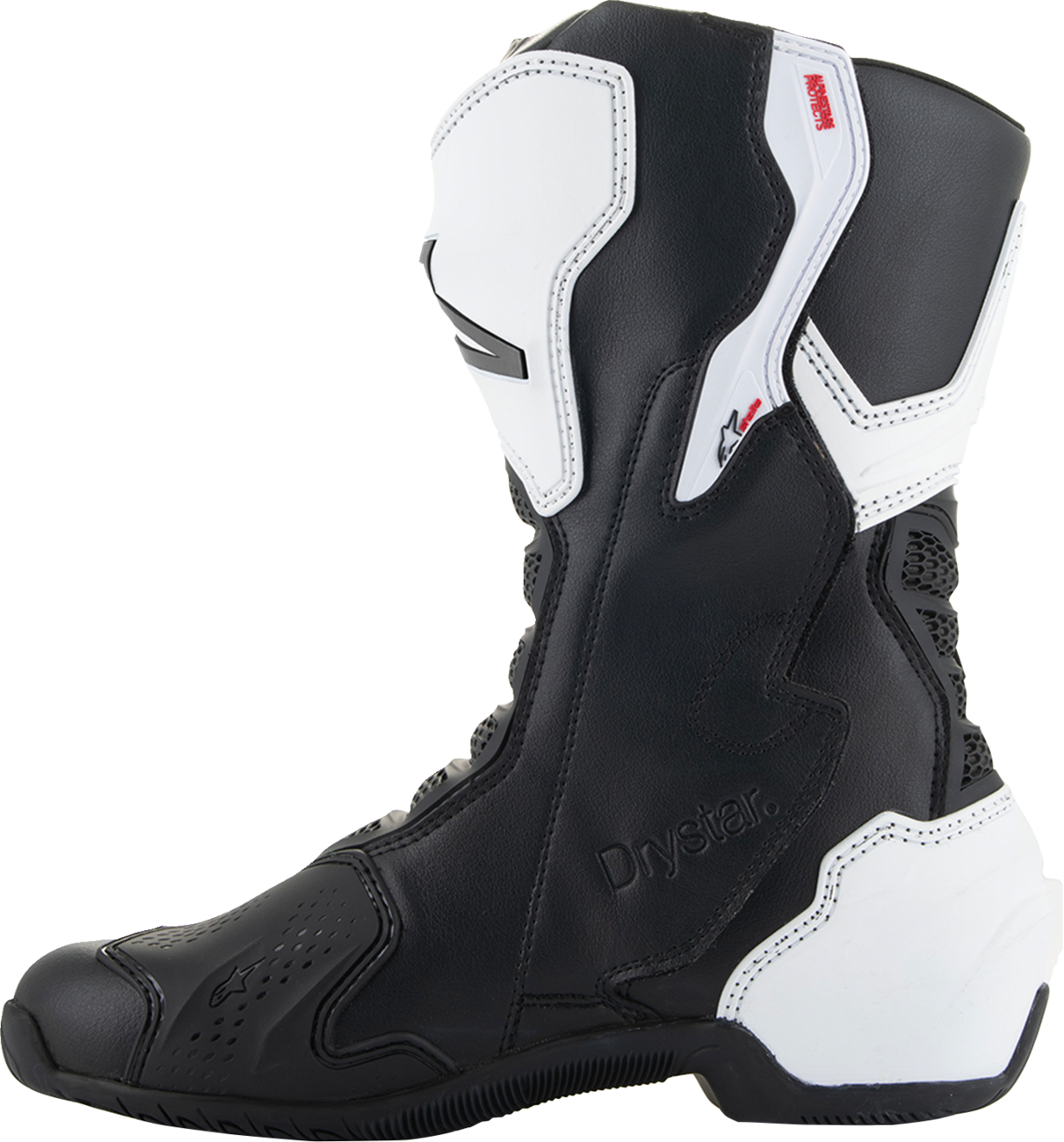 Alpinestars Stella SMX-6 V3 Drystar women's motorcycle boots in black and white, US size 6, side view with protective features.