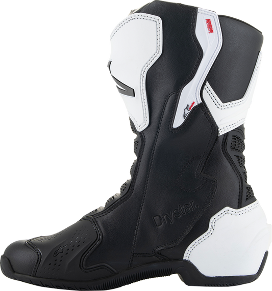 Alpinestars Stella SMX-6 V3 Drystar women's motorcycle boots in black and white, US size 6, side view with protective features.