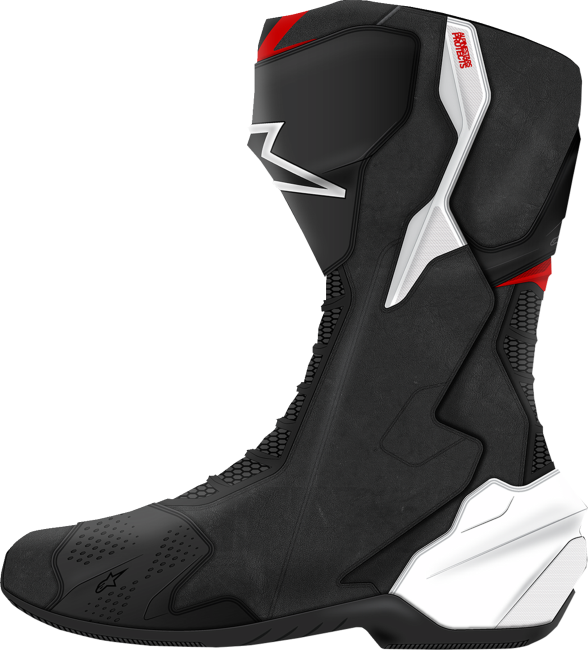 Alpinestars SMX-6 V3 racing motorcycle boots in black, white, and red graphic, US 9.5 / EU 44, showing side view.