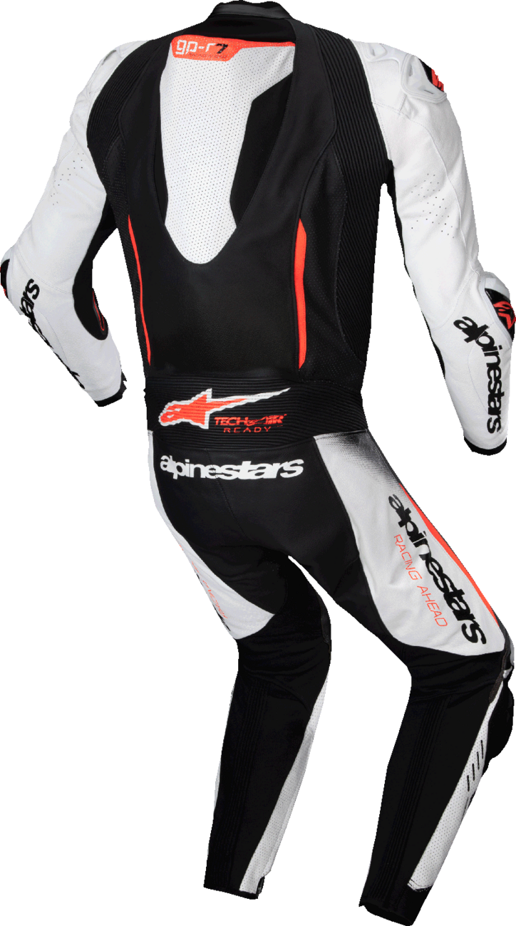 Alpinestars GP-R7 1-piece leather suit for track day and race riders in white, black, and red fluo, US 42 / EU 52.