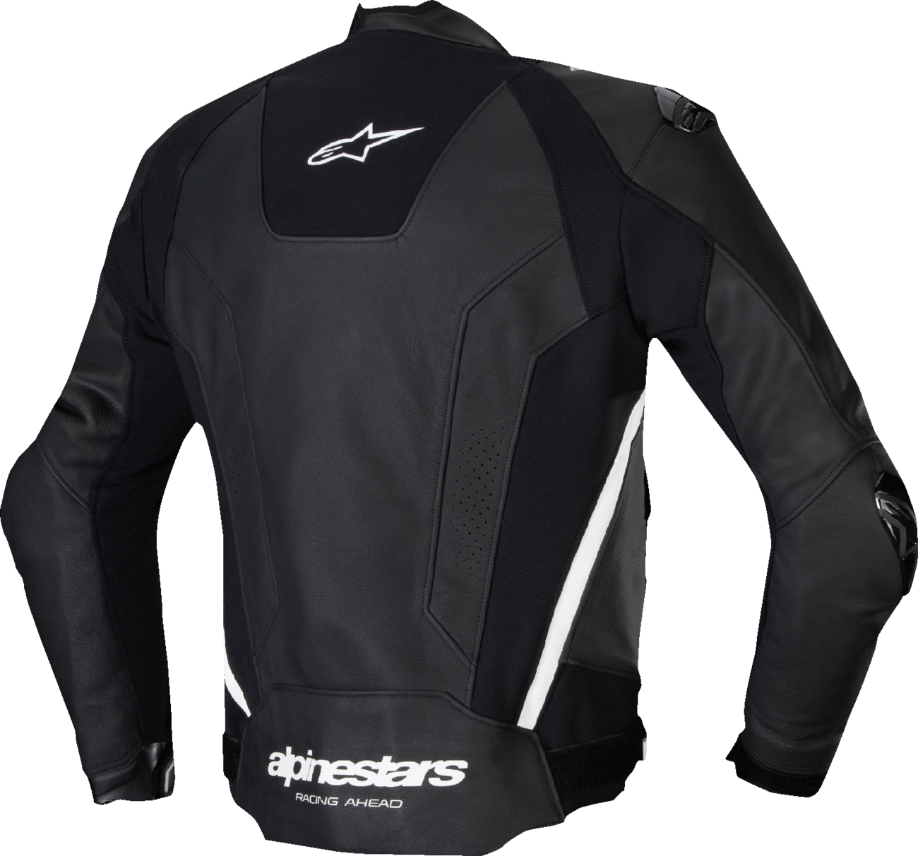 Alpinestars Missile v3 leather motorcycle jacket in black and white, US 48 / EU 58, with protective armor and racing design.