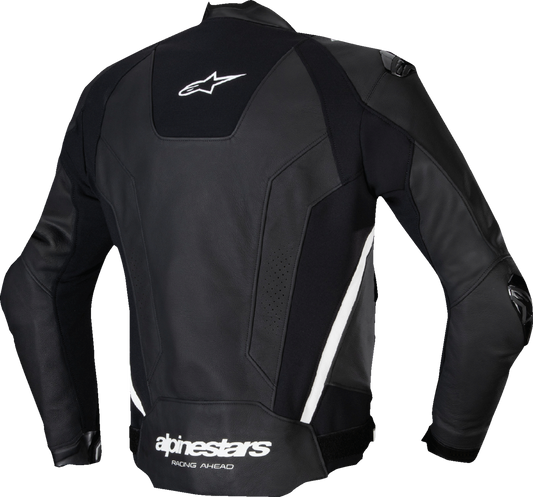 Alpinestars Missile v3 leather motorcycle jacket in black and white, US 48 / EU 58, with protective armor and racing design.