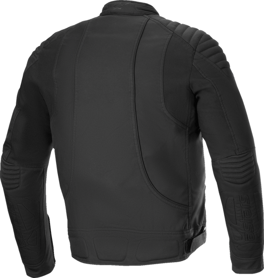 Alpinestars Clayton WR motorcycle jacket in black with waterproof and insulated features, 4XL size, shown on a hanger.