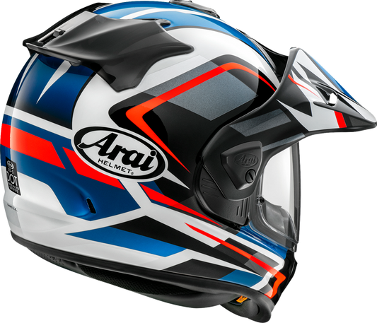 Blue ARAI XD-5 Discovery helmet with VAS-A shield system and ventilation, displayed from the side.
