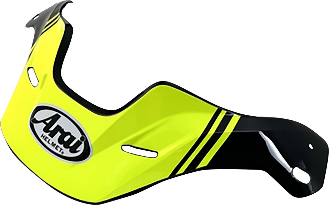 Arai XD-5 helmet with peak visor in cosmic yellow, featuring a sleek design and secure strap under bright lighting.