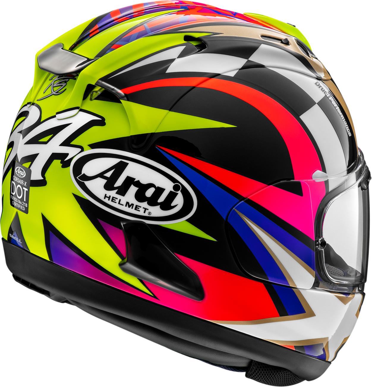 Arai Corsair-X Schwantz 30th Anniversary motorcycle helmet in size XS, featuring detailed graphics and venting design.