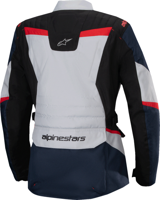 Alpinestars Stella ST-1 waterproof jacket in blue, black, and red fluo, large size, shown with front view and waterproof fabric.