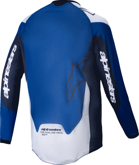 Alpinestars Pro-Dura long-sleeve jersey in navy, bright blue, and white, designed for durable enduro motorcycle riding.