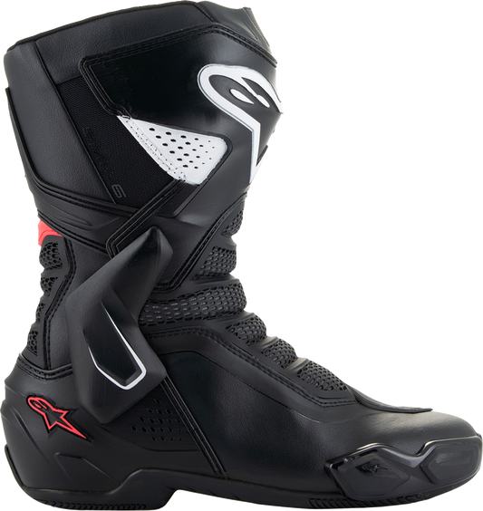 Alpinestars Stella SMX-6 V3 women's motorcycle boots in black, white, and pink with ankle protection and rugged sole.
