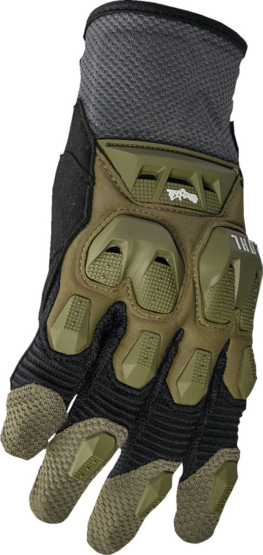 THOR Terrain Gloves in Army/Charcoal color, size XS, featuring durable fabric and reinforced palms for off-road riding protection.