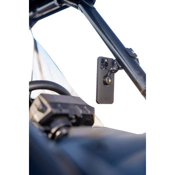 Bill's Exhausts SP CONNECT phone mount attached to a motorcycle handlebar, secure and easy-to-access for GPS and phone use.