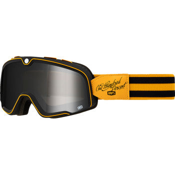 Bill's Exhausts 100% Barstow Goggle Raymond Silver Mirror with adjustable strap and reflective lens for motocross riding.