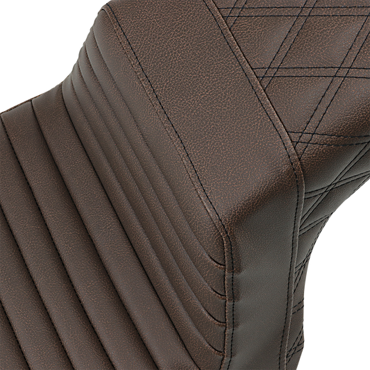 Brown SADDLEMEN Step-Up Seat with front tuck-n-roll and rear lattice stitch for motorcycle, featuring detailed stitching and durable construction.