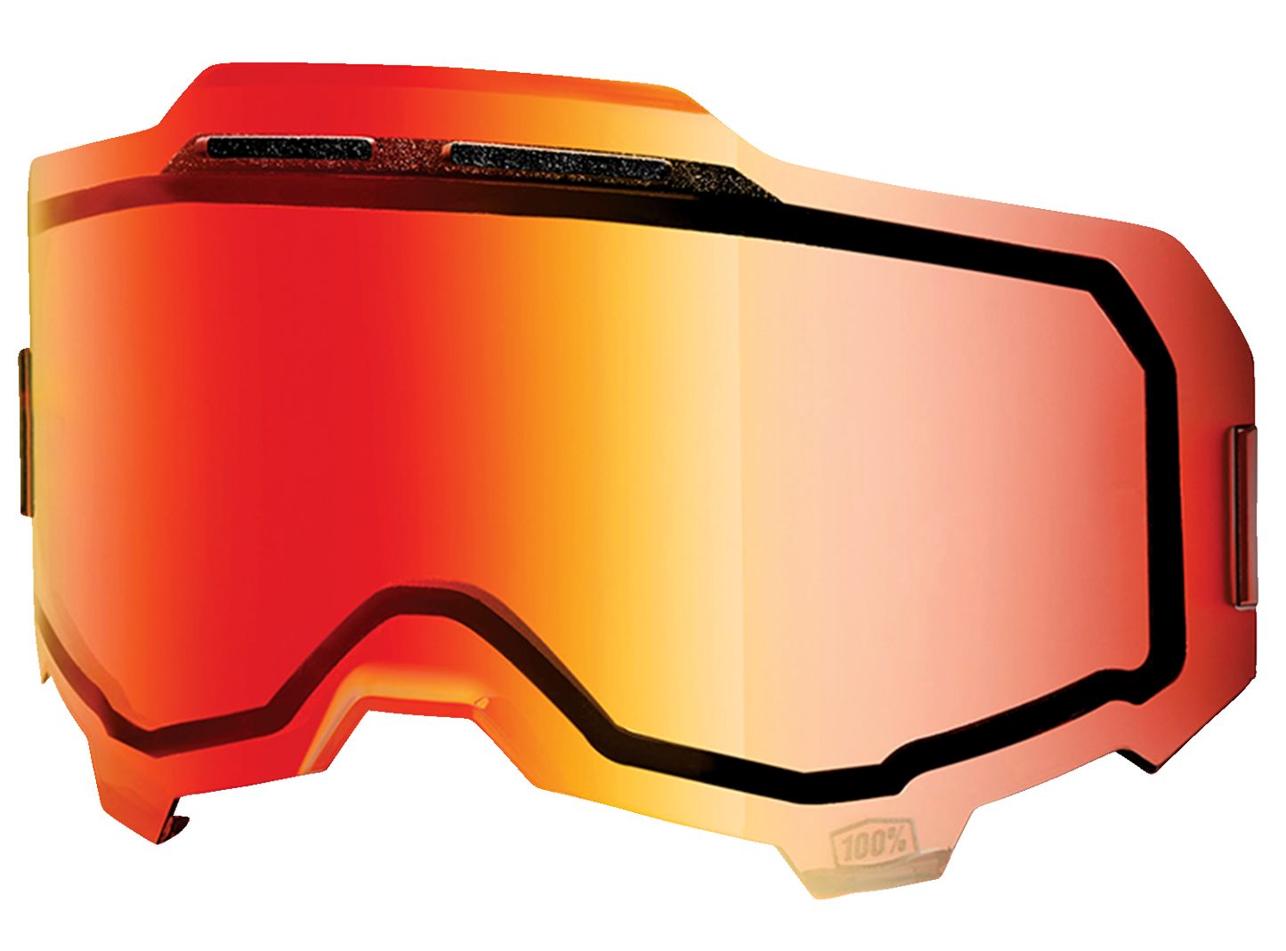 Bill's Exhausts 100% Armega lens with red mirror finish, vibrant reflective surface for motorcycle or helmet use.