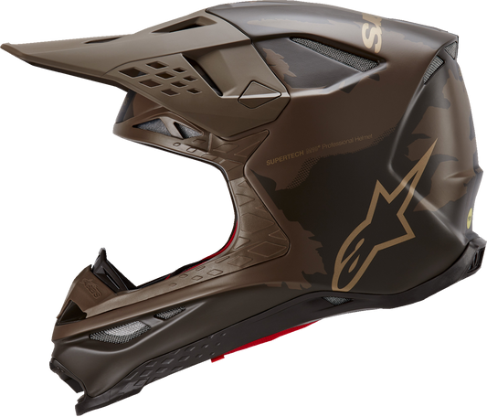 Alpinestars Supertech M10 helmet in dark brown and gold with MIPS protection, shown in XL size, designed for motorcycle racing.