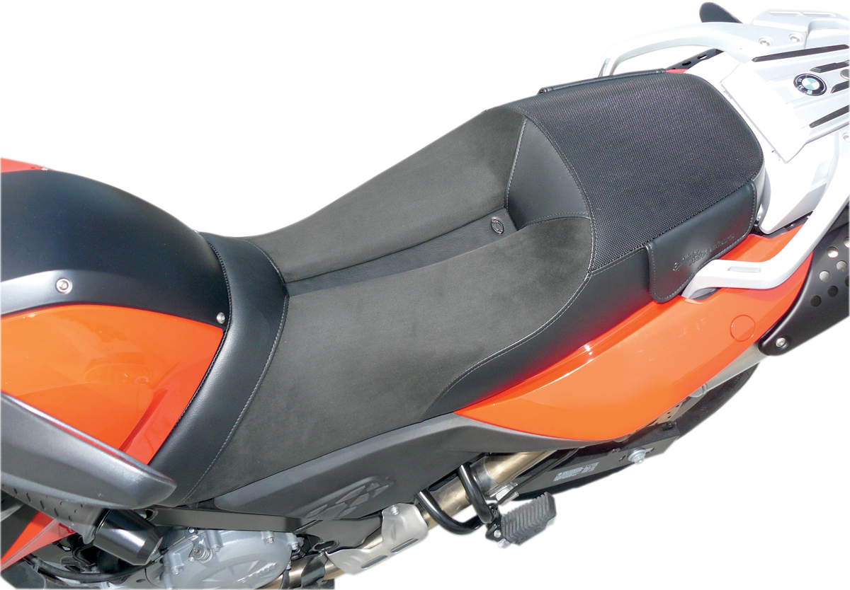Bill's Exhausts Adventure Seat for F650GS motorcycle, showing the black, contoured seat with durable stitching and ergonomic design.