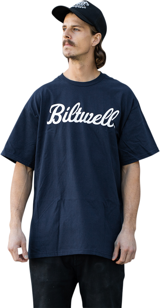 Navy BILTWELL Script T-Shirt in Medium, featuring a classic design with the BILTWELL logo on the front, casual and comfortable fit.