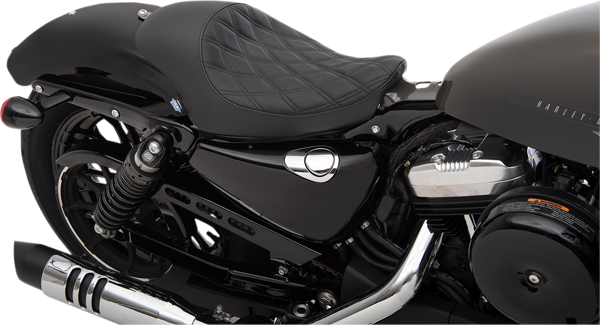 Drag Specialties 3/4 solo seat for Harley XL, black double diamond with black stitching, fits 2004-2022 models.