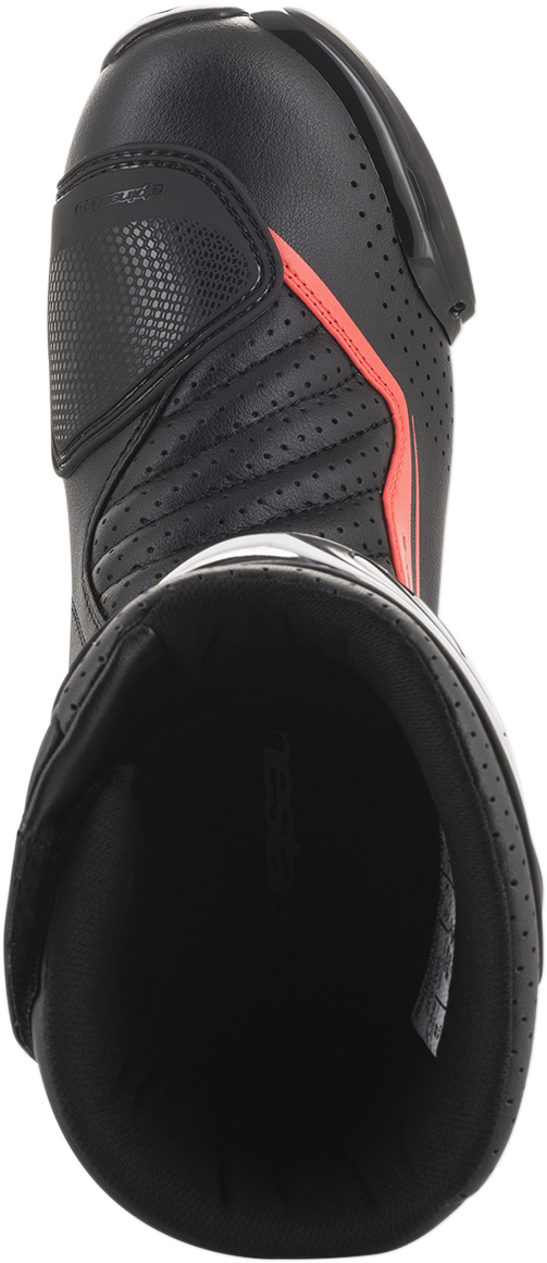 Alpinestars SMX-6 v2 vented motorcycle boots in black, gray, and red with US 9.5 size, showing sturdy design and ventilation features.
