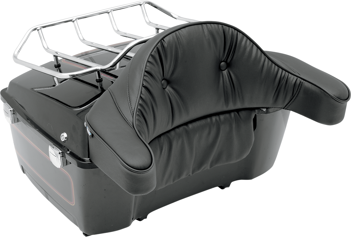 Black Drag Specialties Seats Tour Box Pad pillow with ergonomic design for motorcycle comfort, shown on the product image.