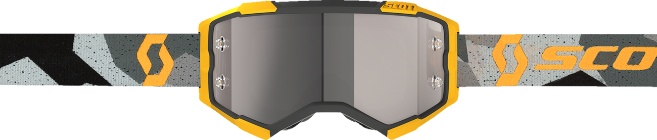 Bill's Exhausts Scott Fury Goggle in camo gray and yellow with silver accents, featuring an engine-style design.