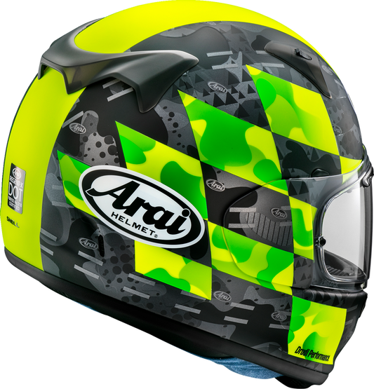 Yellow ARAI Helmets Regent-X helmet with VAS Shield system, medium size, showcasing the sleek design and safety features.