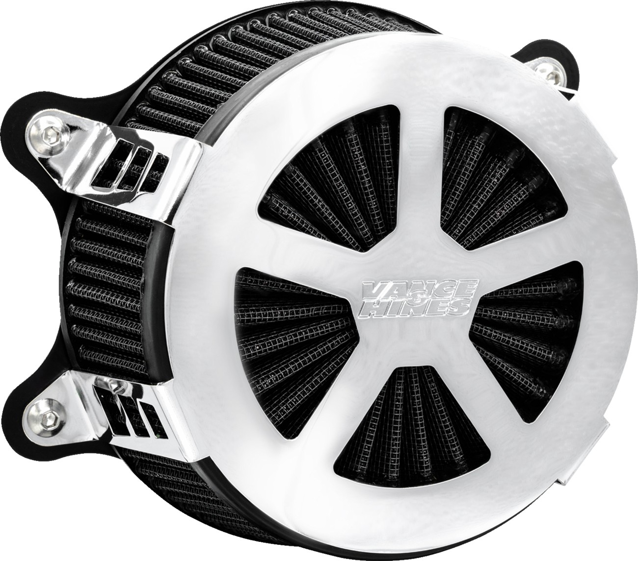 Chrome Vance & Hines VO2 Radiant V air intake kit for motorcycle, featuring sleek chrome finish and Vance & Hines branding.