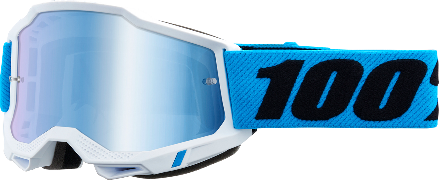 Bill's Exhausts 100% Accuri 2 Goggles in blue mirror with clear lenses, designed for motocross or off-road riding.