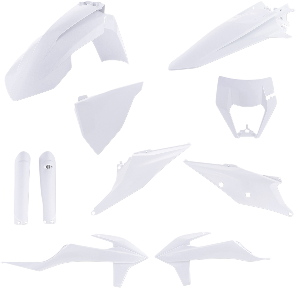 A white Acerbis full replacement body kit for motorcycles, featuring sleek, aerodynamic body panels.