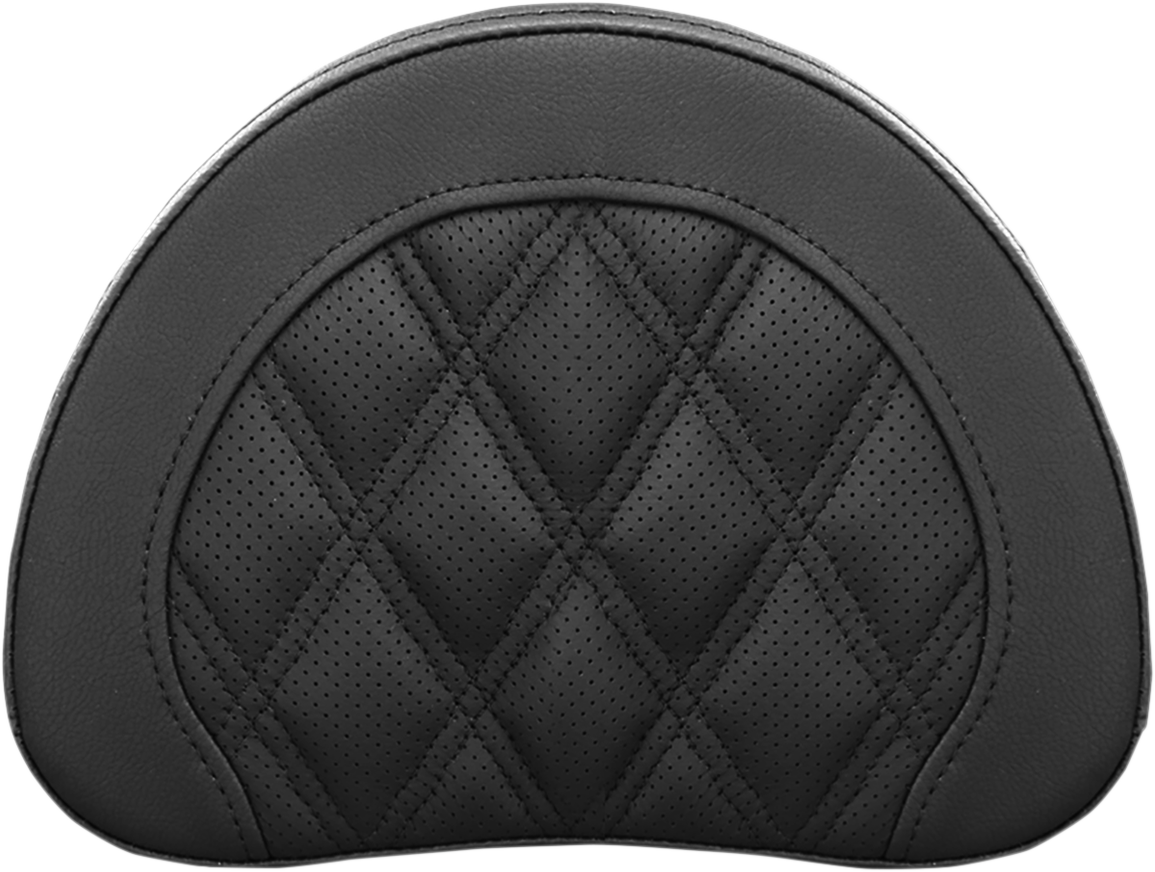 Black Saddlemens Sissy Bar Pad with lattice stitching, designed for motorcycle seats and compatible with various bike models.